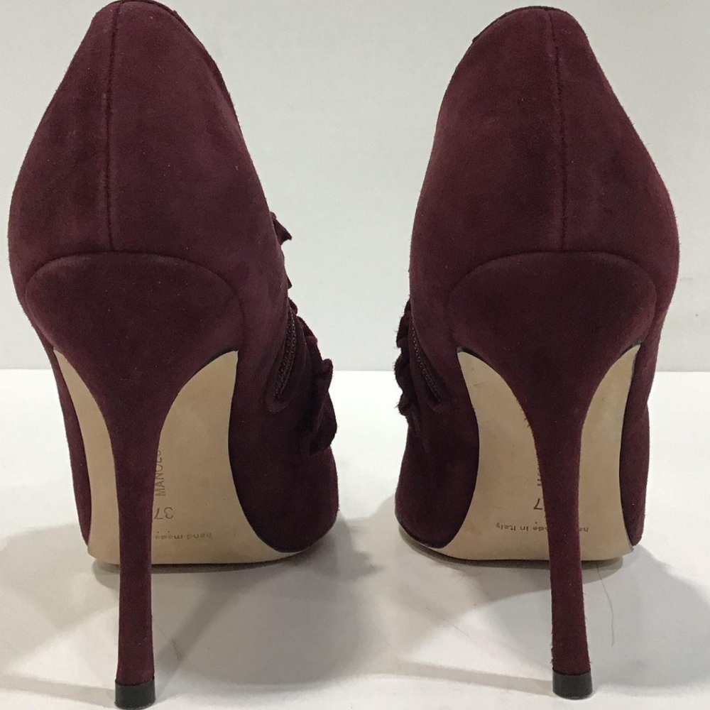 NEW!! Manolo Blahnik Burgundy Suede Women's Ankle Boots Heels Size 37 - Picture 6 of 7